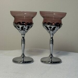 Farber Bros Krome Kraft Amethyst UV Uranium Glass Chrome Cordial Stems Pair
